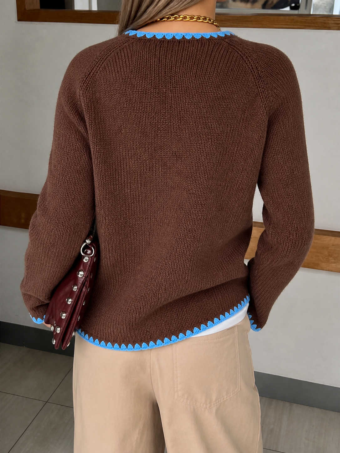Contrast-Trim Button-Front Knit Cardigan in Chocolate Brown / Sky Blue - view 4