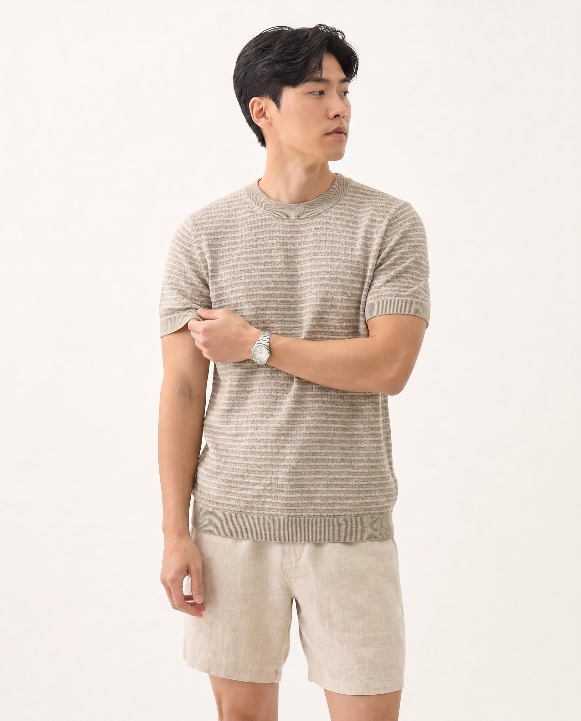Striped Knit Tee - Apricot on model