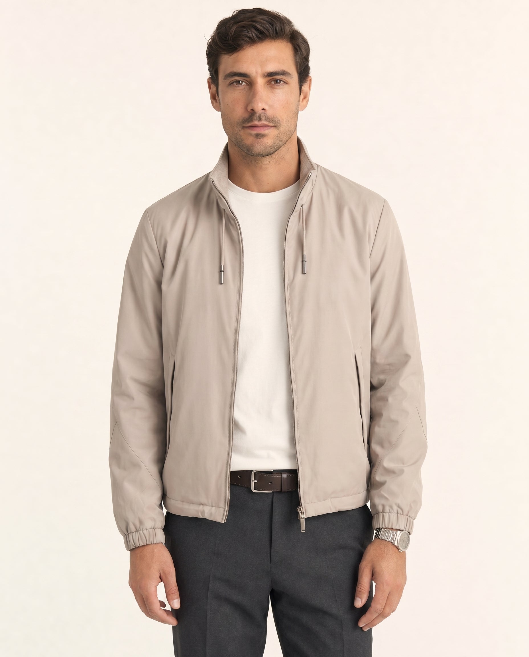Reversible Short Stand-Collar Jacket - Ash Gray on model