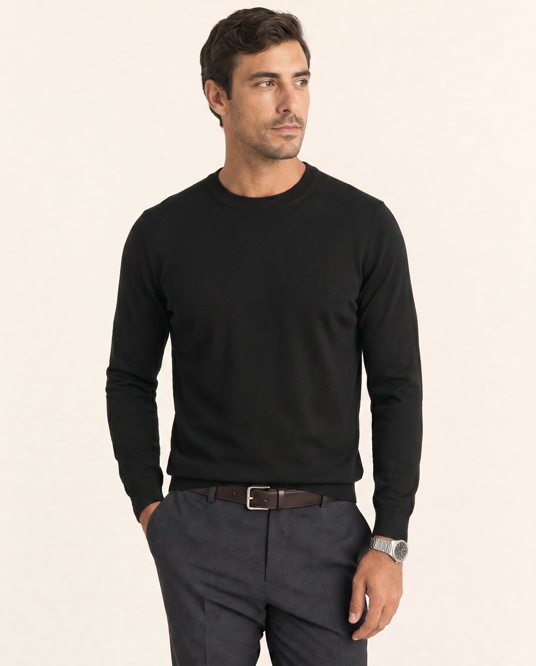 100% Merino Wool 18-Gauge Base Sweater - Black on model