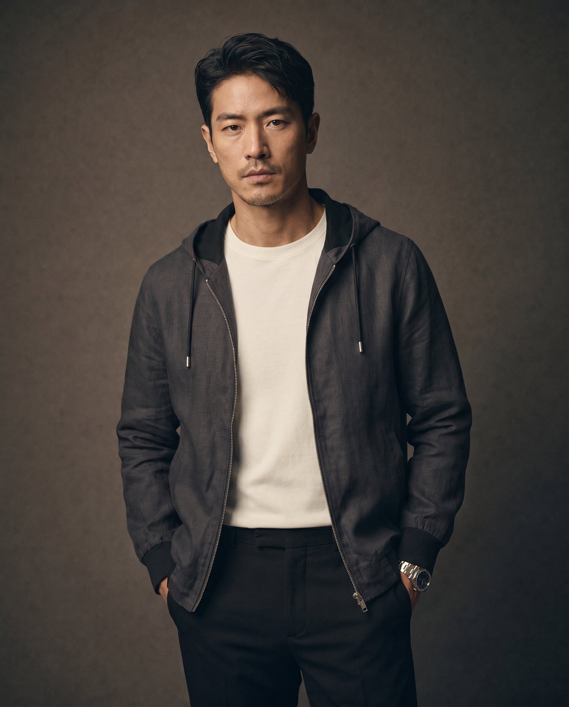 Linen Hooded Jacket - Black on model