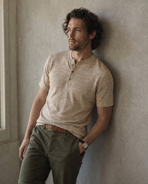 Classic Linen-Cotton Polo - Camel Marl on model