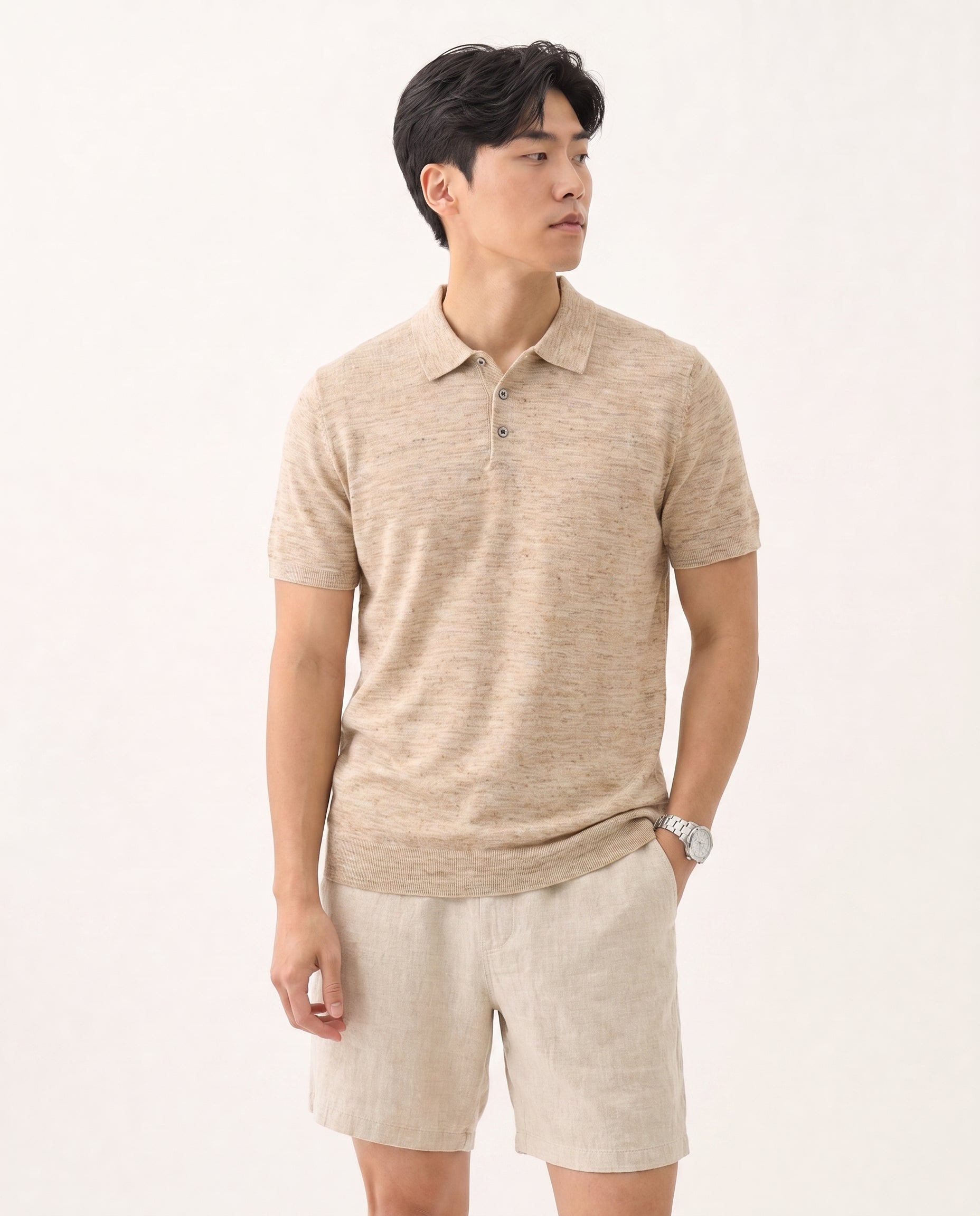 Linen Blend Short Sleeve Polo Shirt - Camel Marl on model
