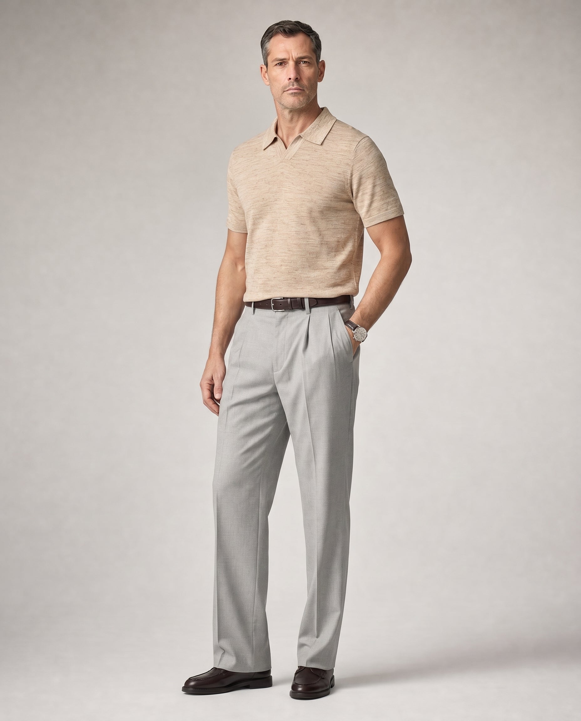Linen-Cotton Open Collar Polo - Camel Marl on model