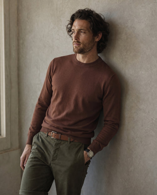 100% Merino Wool 18-Gauge Base Sweater - Chestnut on model