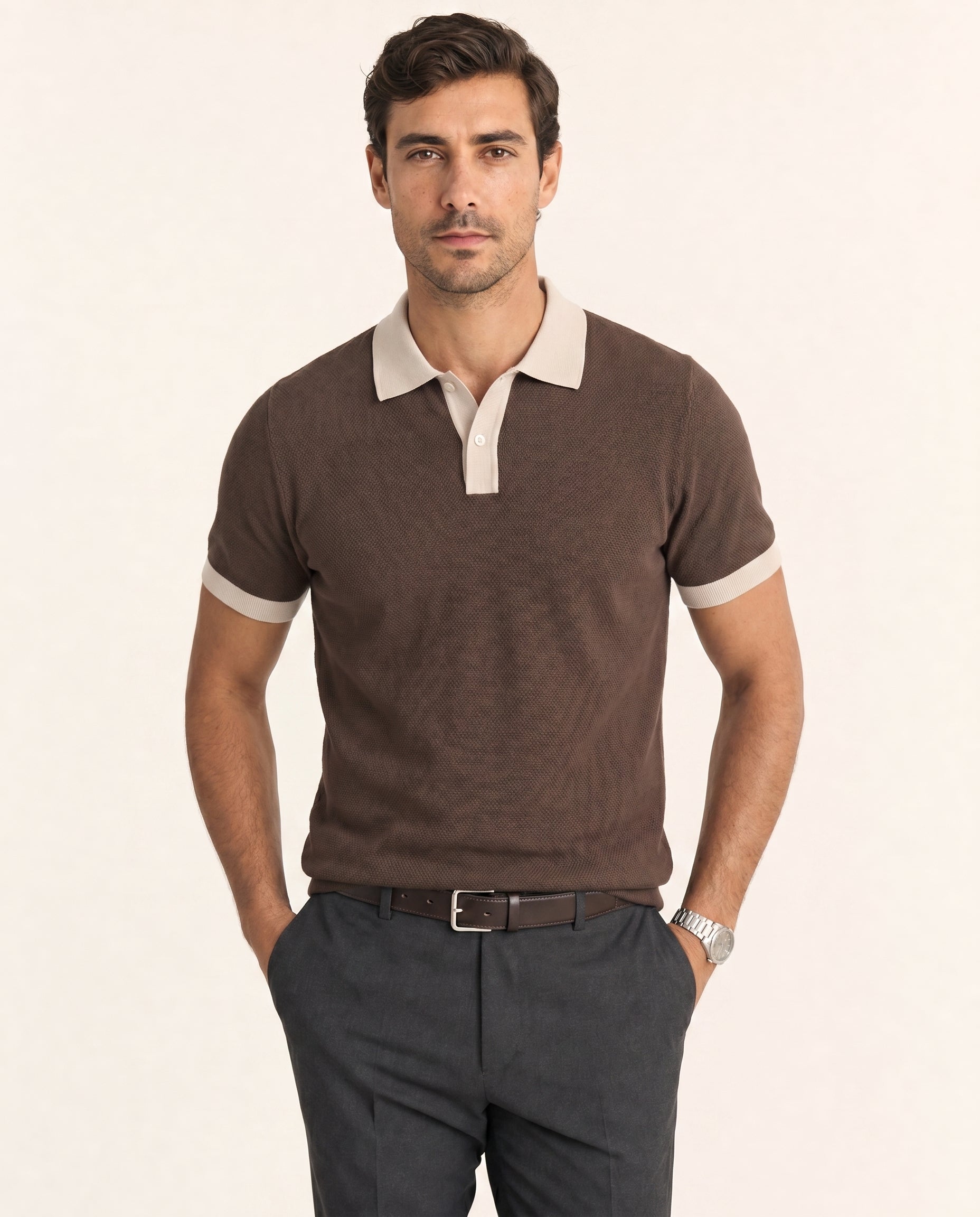 Contrast Collar Knit Polo - Coffee on model