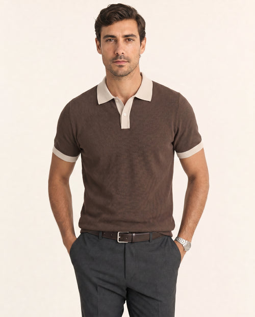 Contrast Collar Knit Polo - Coffee on model