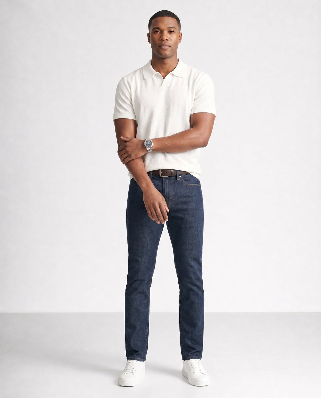 Tailored Summer Knit Polo - Cream Marl on model