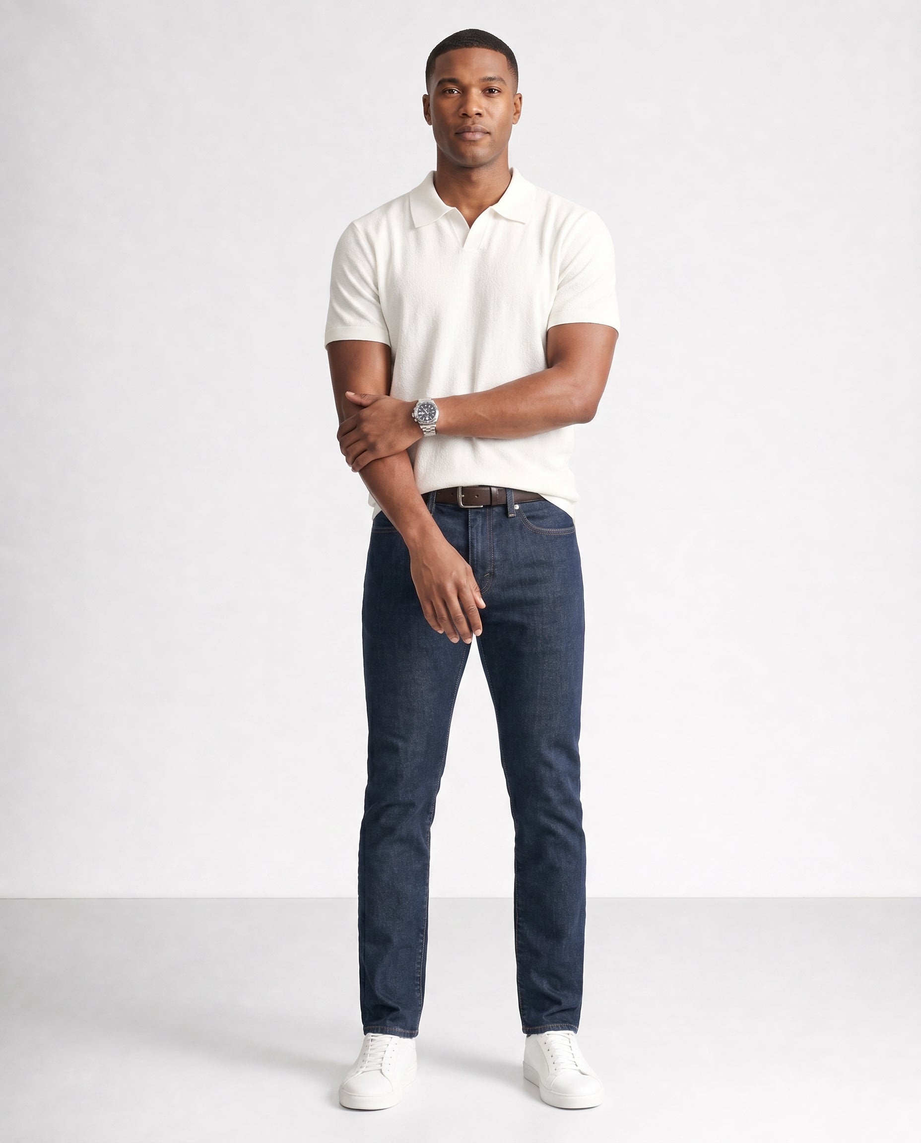 Tailored Summer Knit Polo - Cream Marl on model