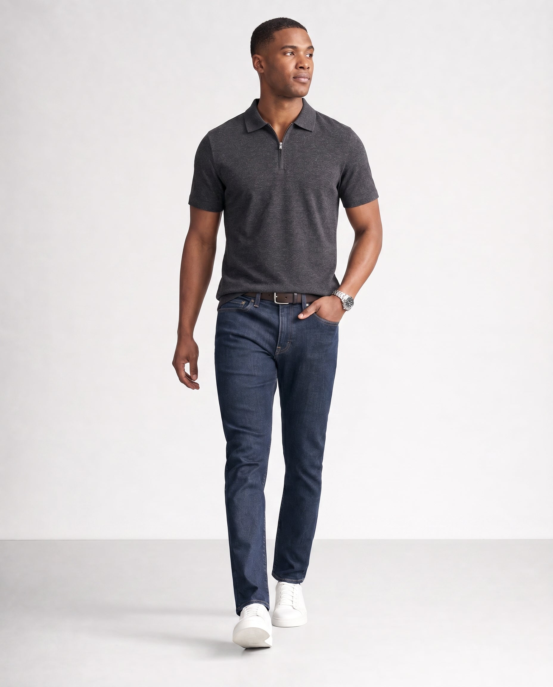 Lightweight Knit Polo - Gray on model