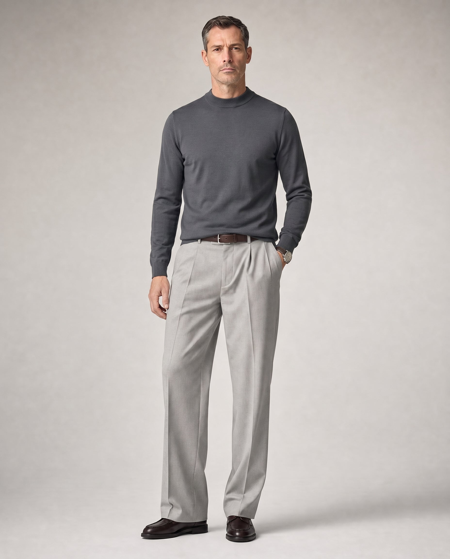 100% Merino Wool 18-Gauge Base Sweater - Grey on model