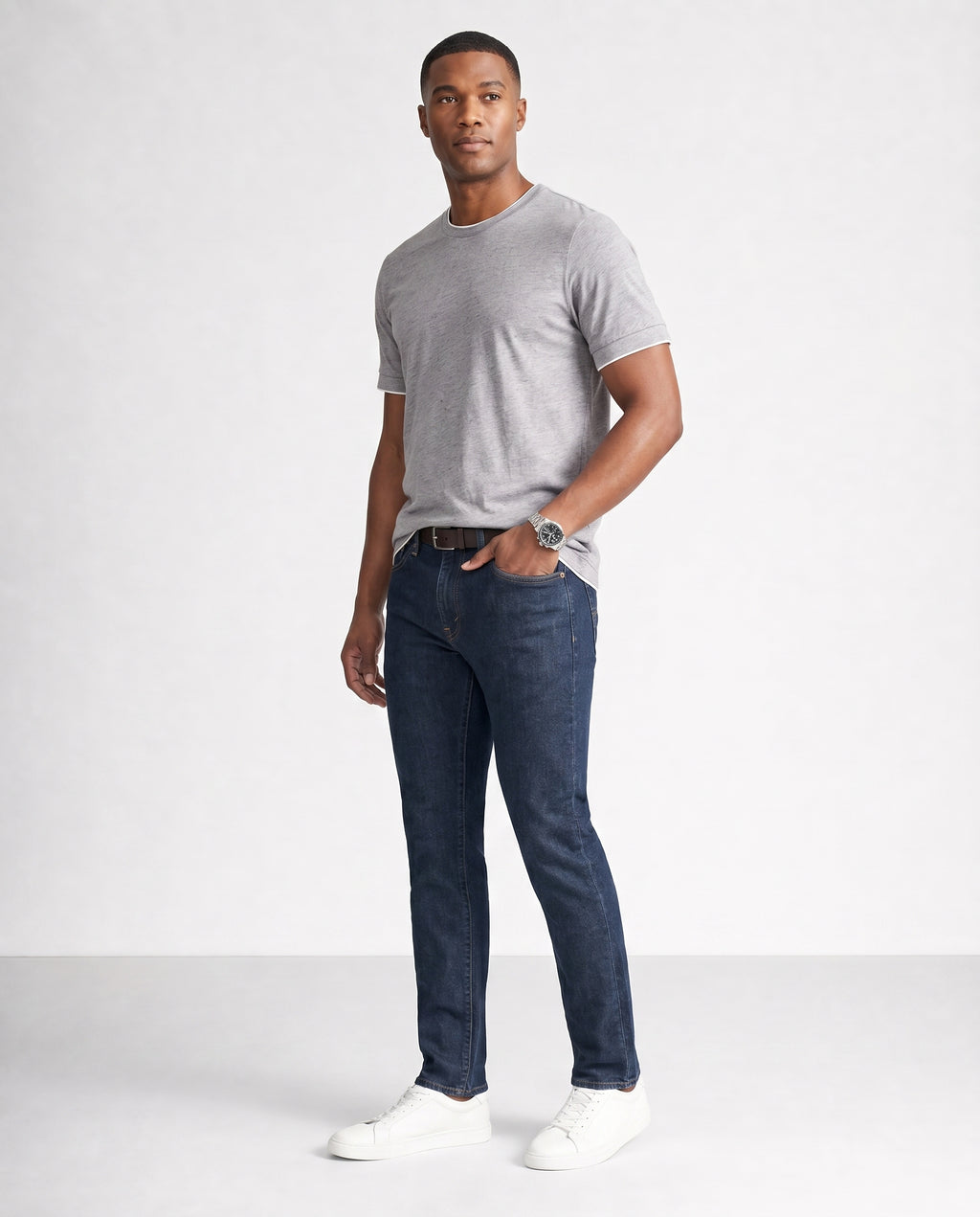 Cotton-Lyocell Colorblock Tee - Grey on model