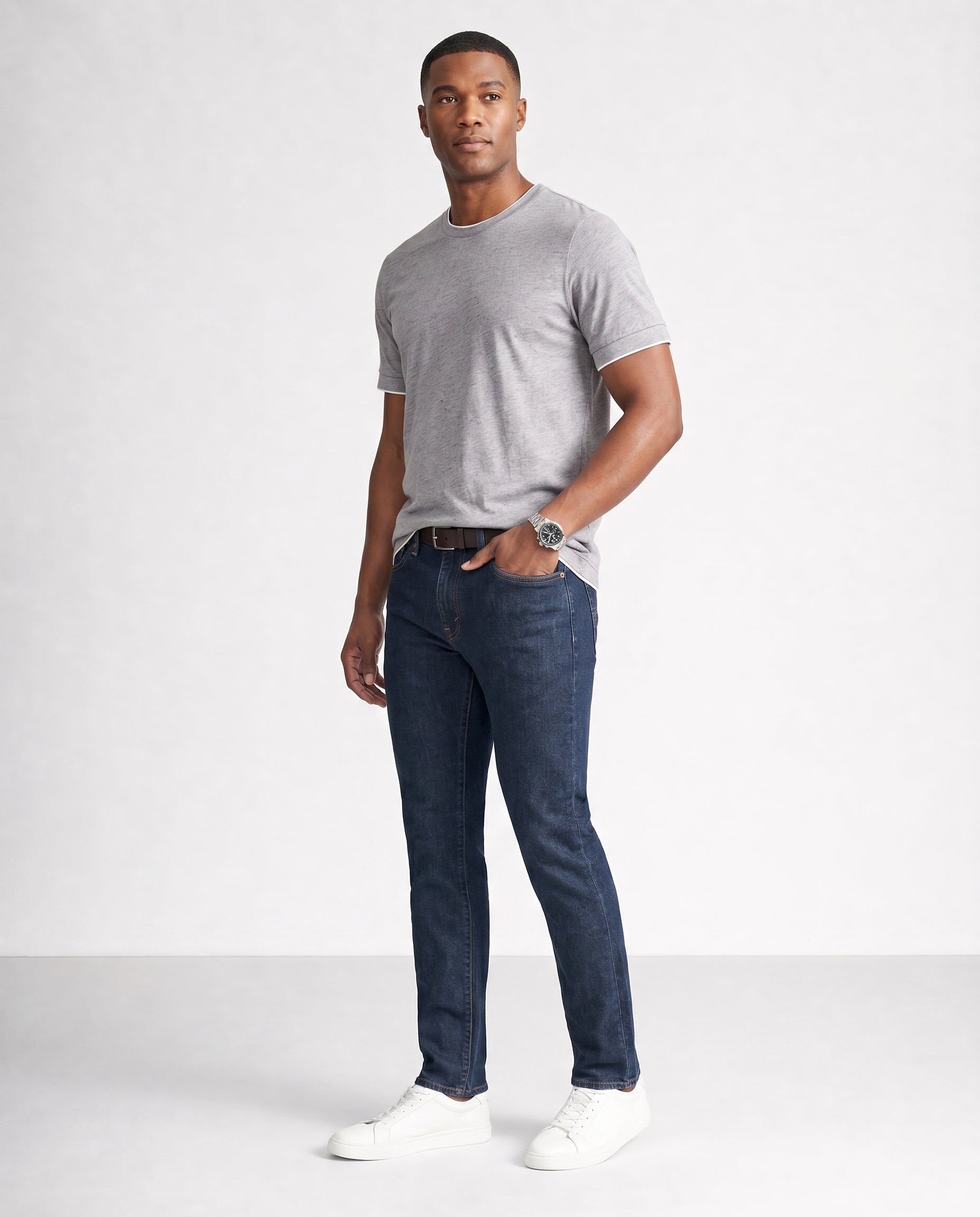 Cotton-Lyocell Colorblock Tee - Grey on model