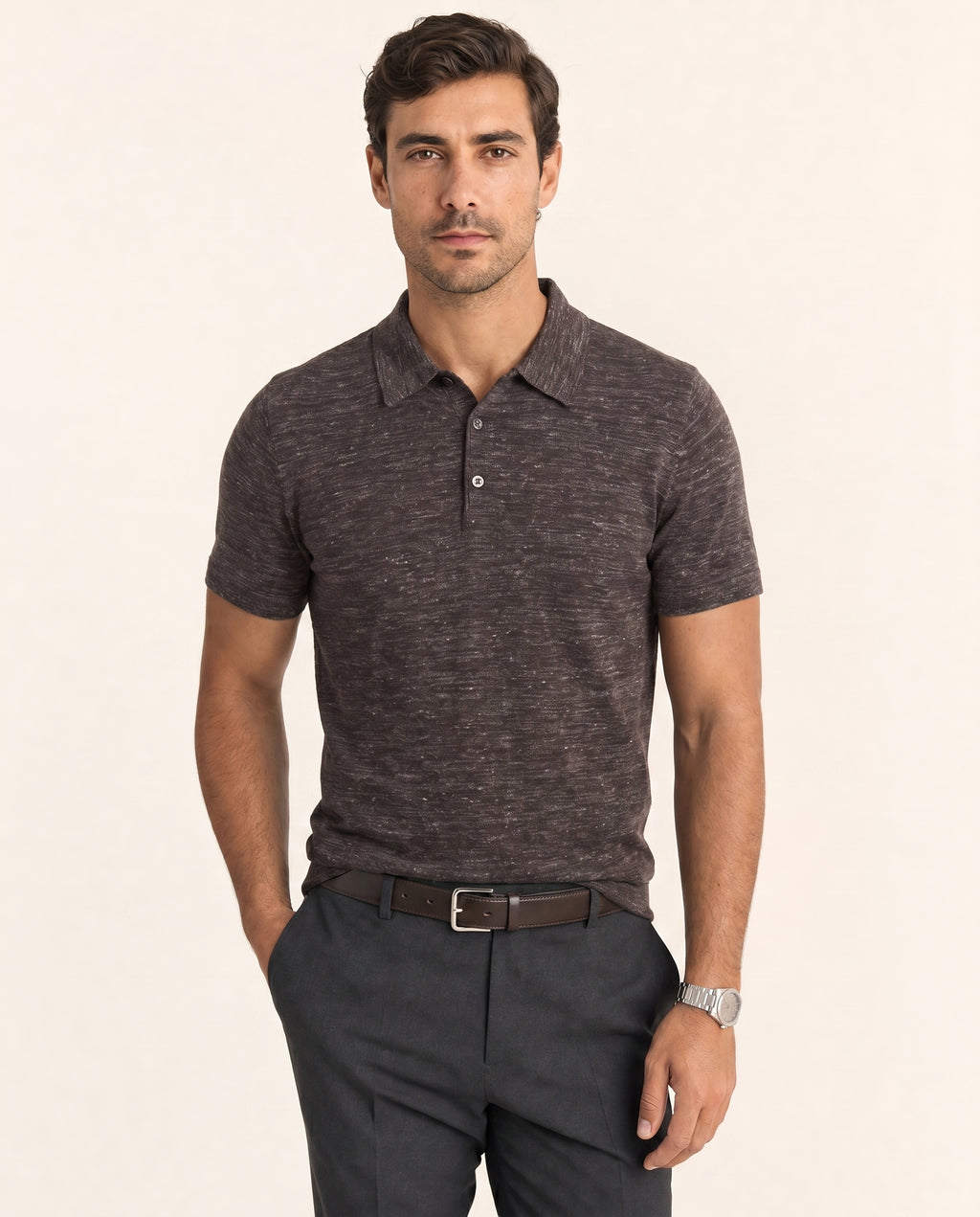 Linen Blend Short Sleeve Polo Shirt - Ink Gray on model