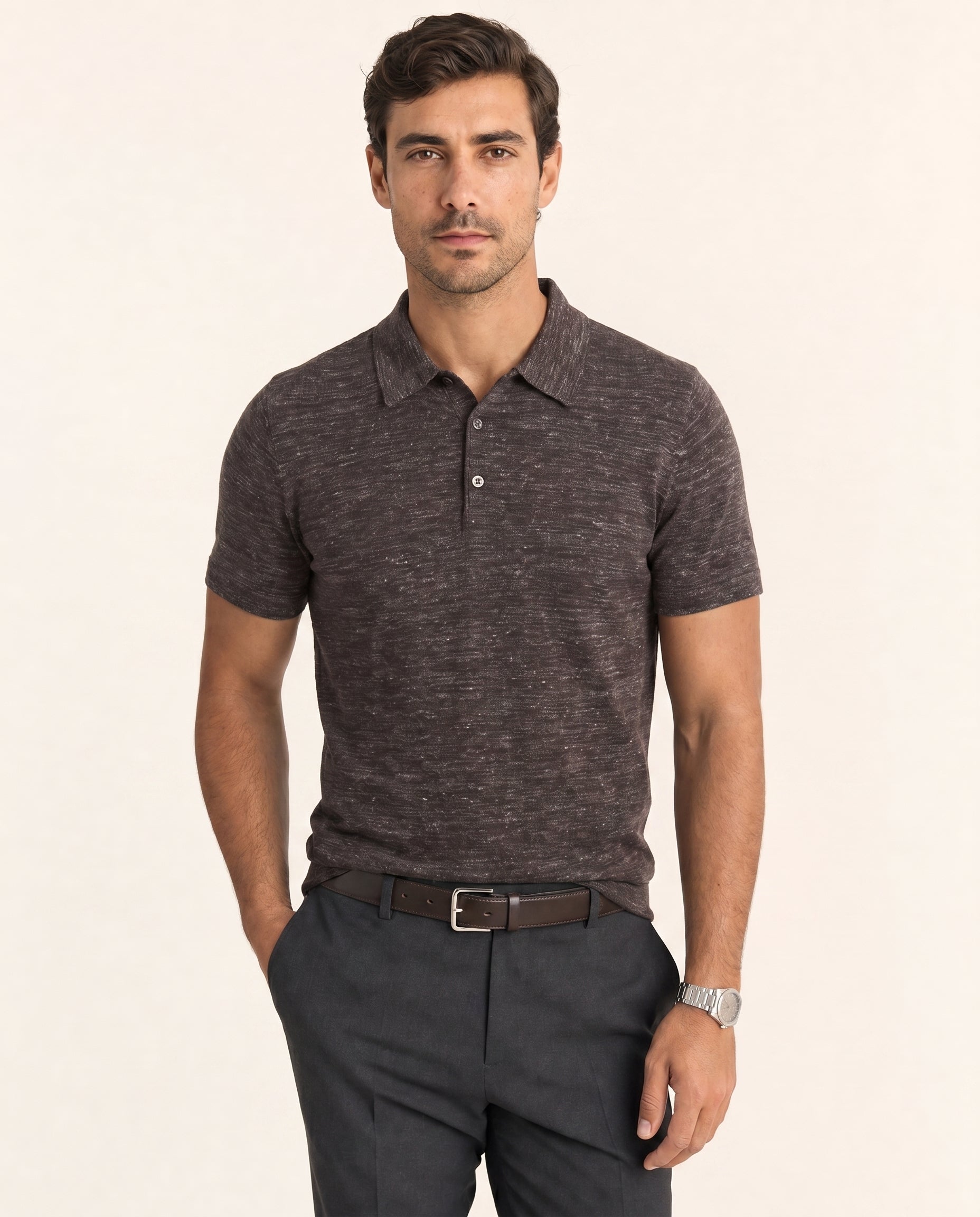 Linen Blend Short Sleeve Polo Shirt - Ink Gray on model