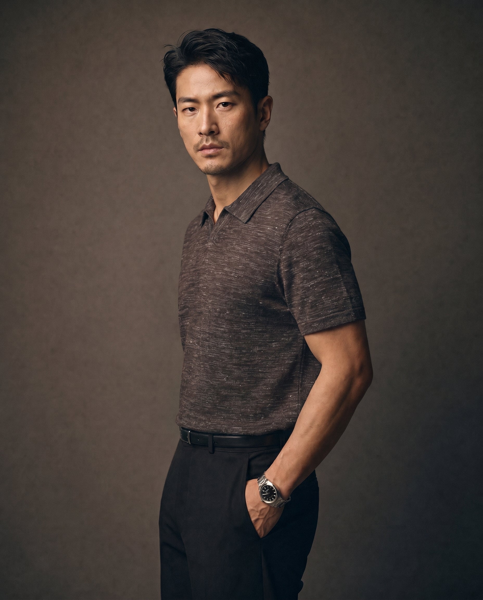 Linen-Cotton Open Collar Polo - Ink Grey on model