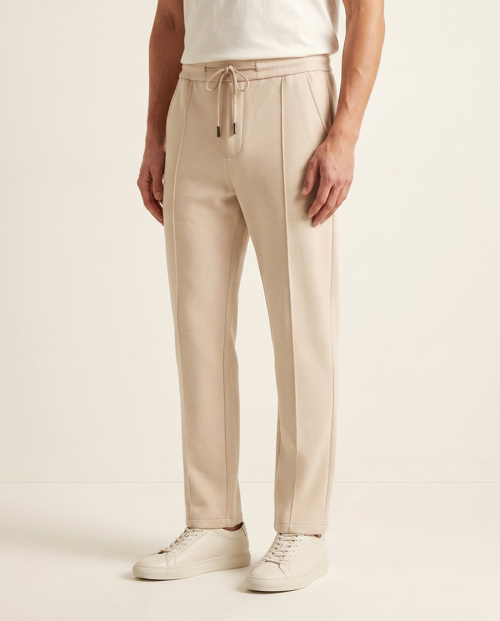 Drawstring Knit Trousers - Beige on model
