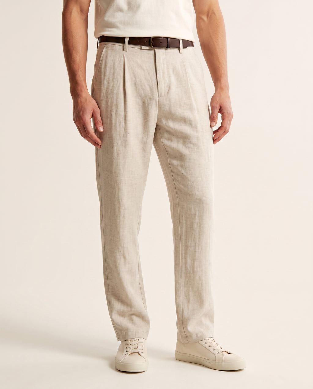 Linen Blend Straight-Leg Trousers - Light Apricot on model