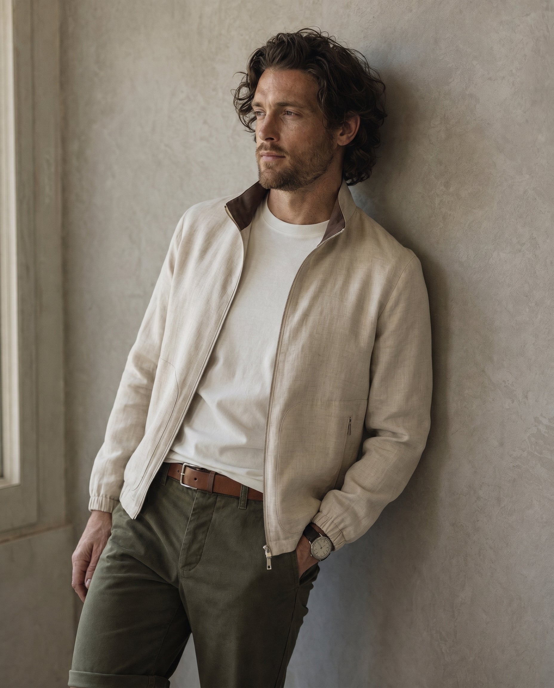 Linen Blend Stand-Collar Jacket - Linen on model