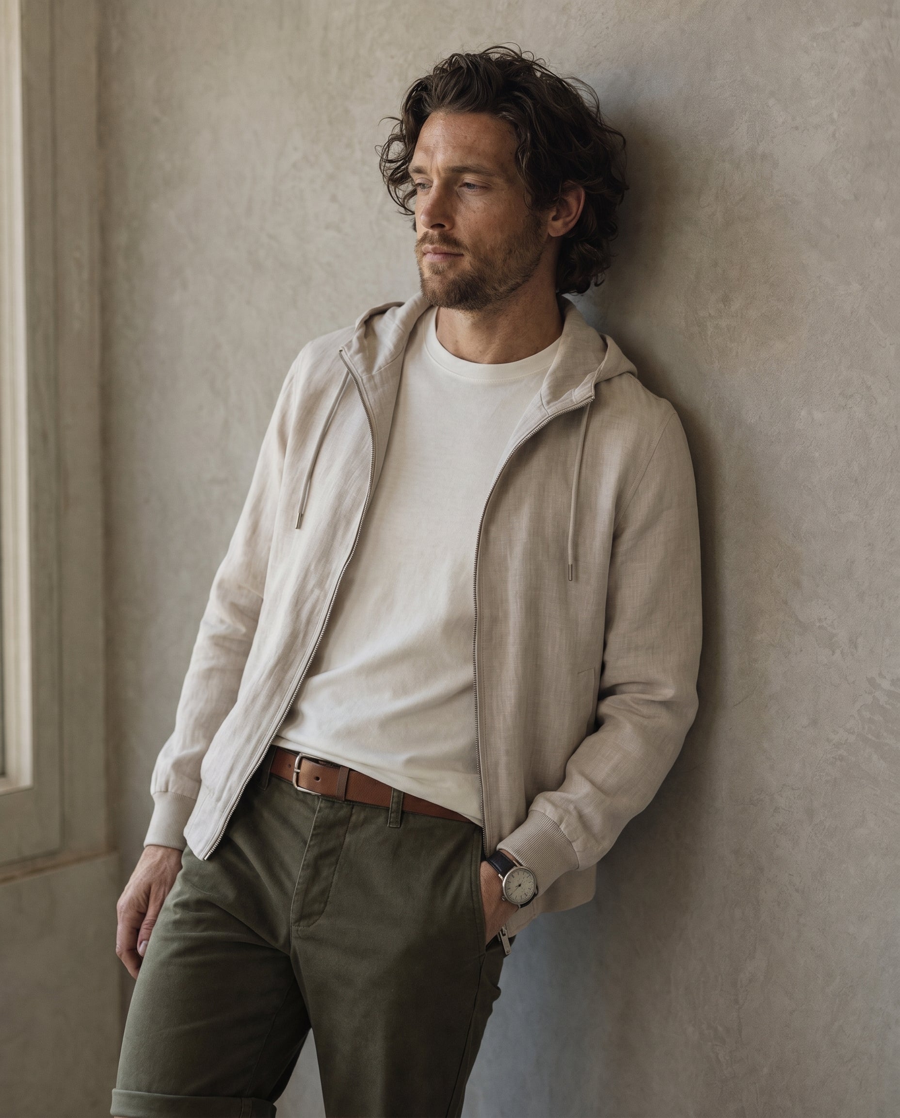 Linen Hooded Jacket - Natural Linen on model