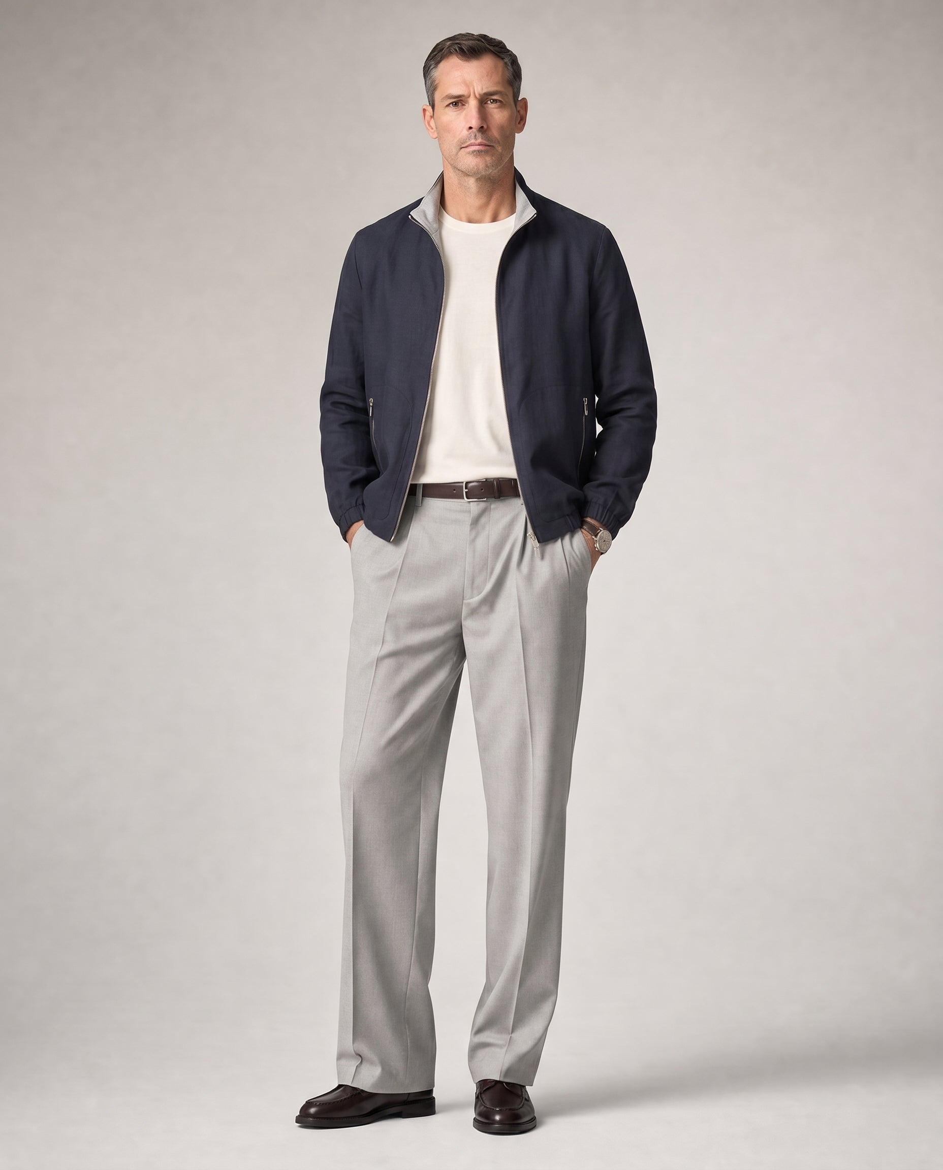 Linen Blend Stand-Collar Jacket - Navy on model