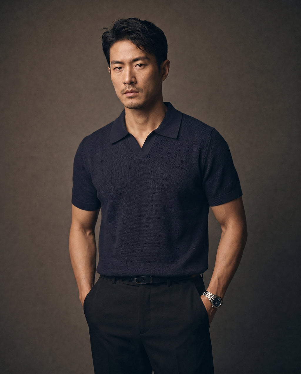 Tailored Summer Knit Polo - Navy Blue on model