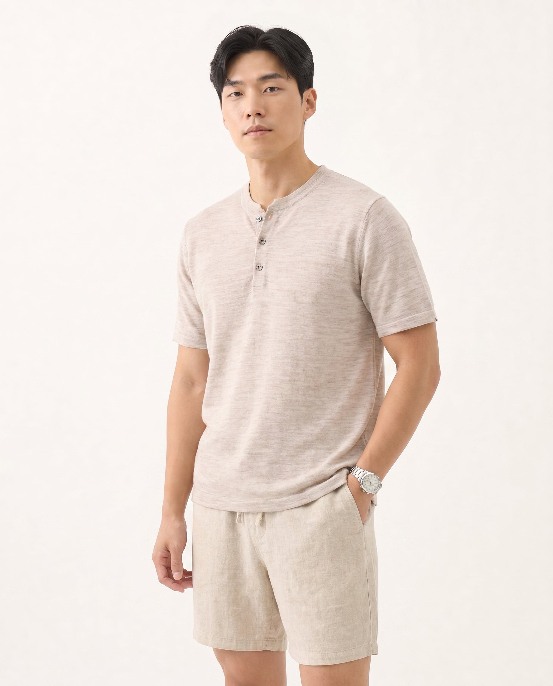 Classic Linen-Cotton Polo - Oatmeal on model