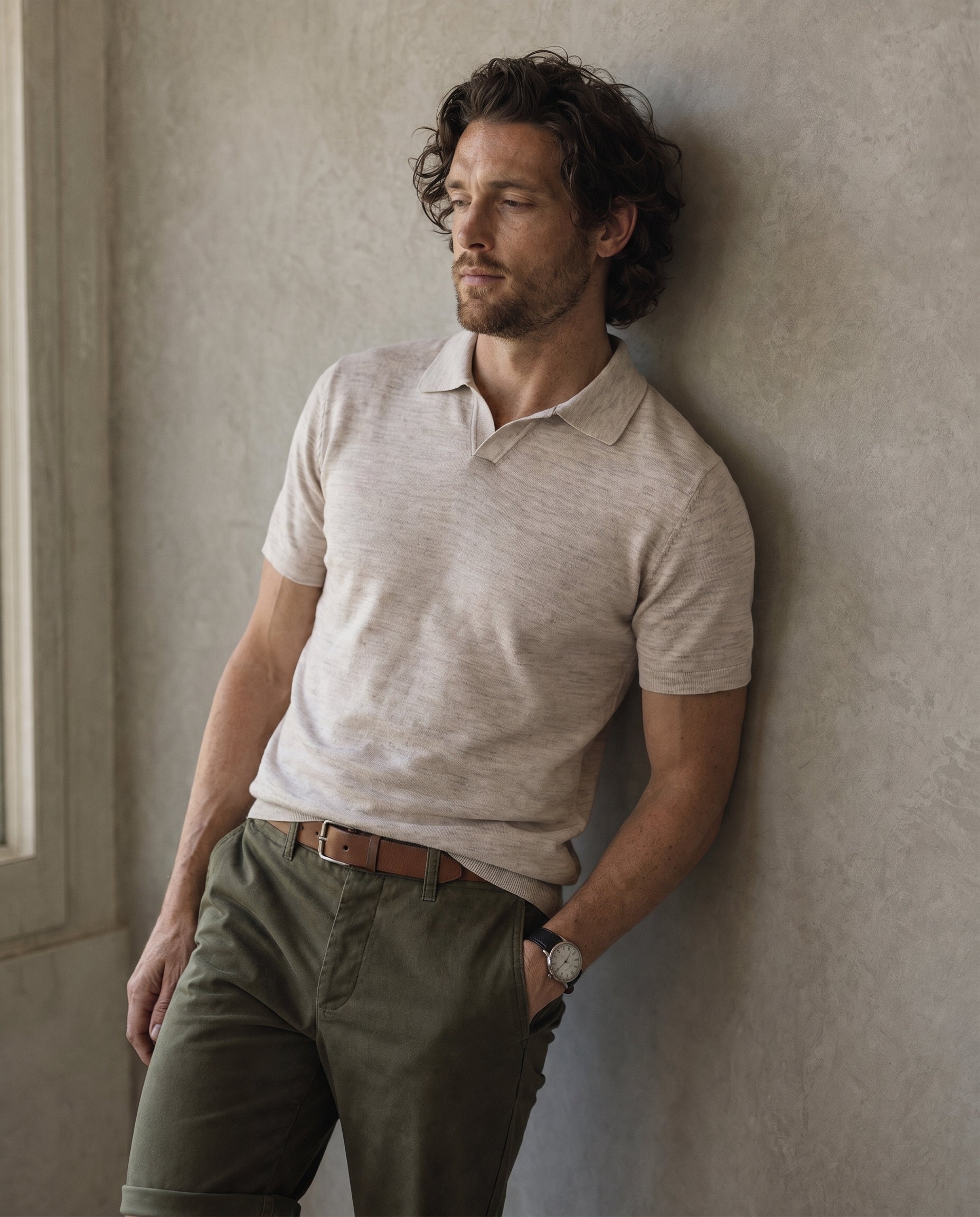 Linen Blend Short Sleeve Polo Shirt - Oatmeal on model