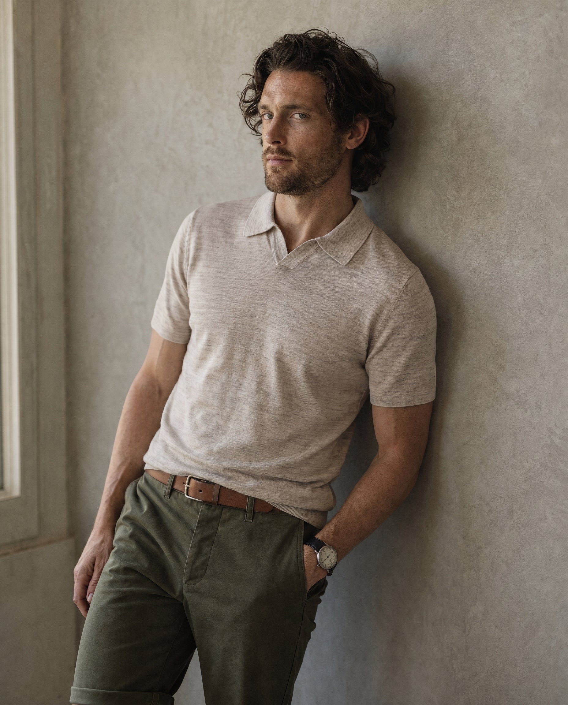 Linen-Cotton Open Collar Polo - Oatmeal on model