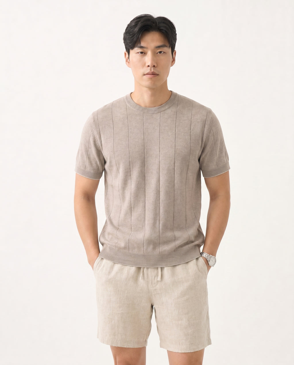 Linen Blend Knit Tee - Sand on model