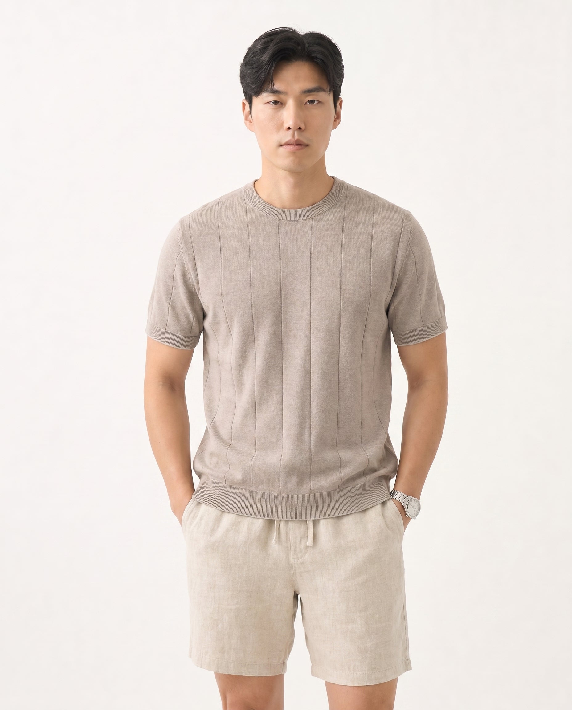 Linen Blend Knit Tee - Sand on model