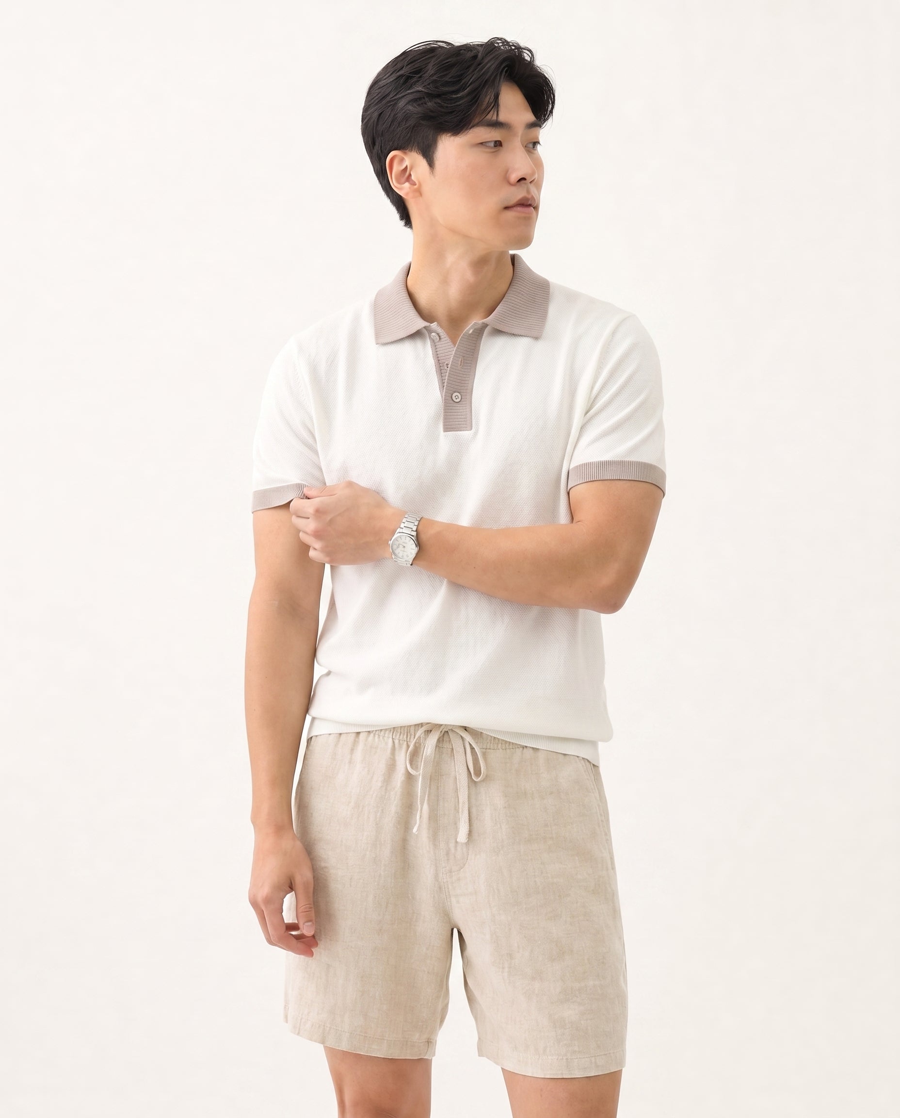 Contrast Collar Knit Polo - White on model