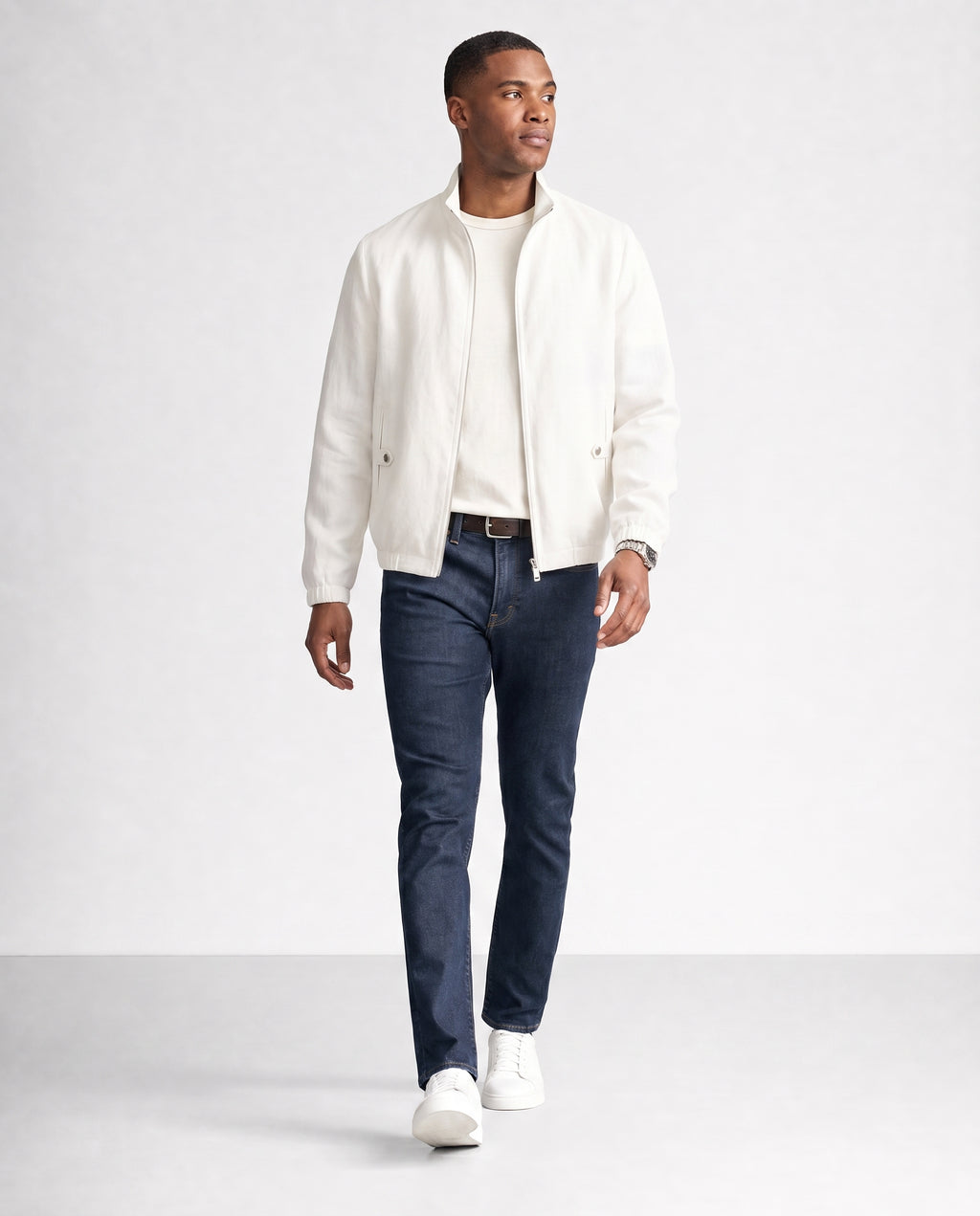 Reversible Linen Stand-Collar Jacket - White on model
