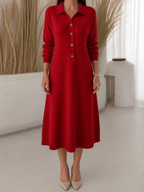 Button-Collar Knit Midi Dress in Red - view 2